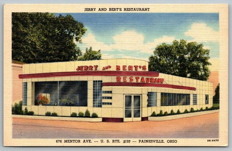 Painesville Ohio~Jerry & Bert's Restaurant~ART DECO Diner~1949 Linen Postcard 