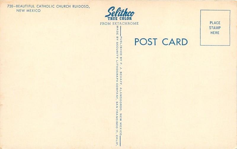 Ruidoso New MexicoBeautiful Catholic Church1950s Postcard