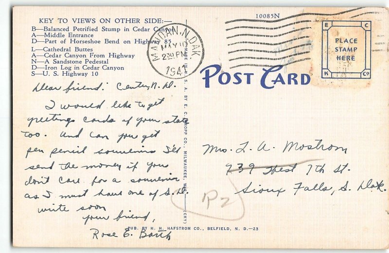 BAD LANDS, NORTH DAKOTA Large Letter Linen Postcard - 1941 Kropp