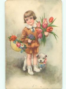 foreign Old Postcard signed ADORABLE WHITE DOG HOLDS GIFT BEHIND CHILD AC2773