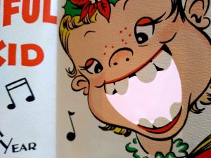 Mid Century 1947 Christmas Carols Greeting Card Diecut Big Mouth Kids Barker