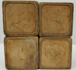 Antique Vtg Wood Blocks Carved Buffalo, Horse, Turkey, Porcupine, Kangaroo, Dog