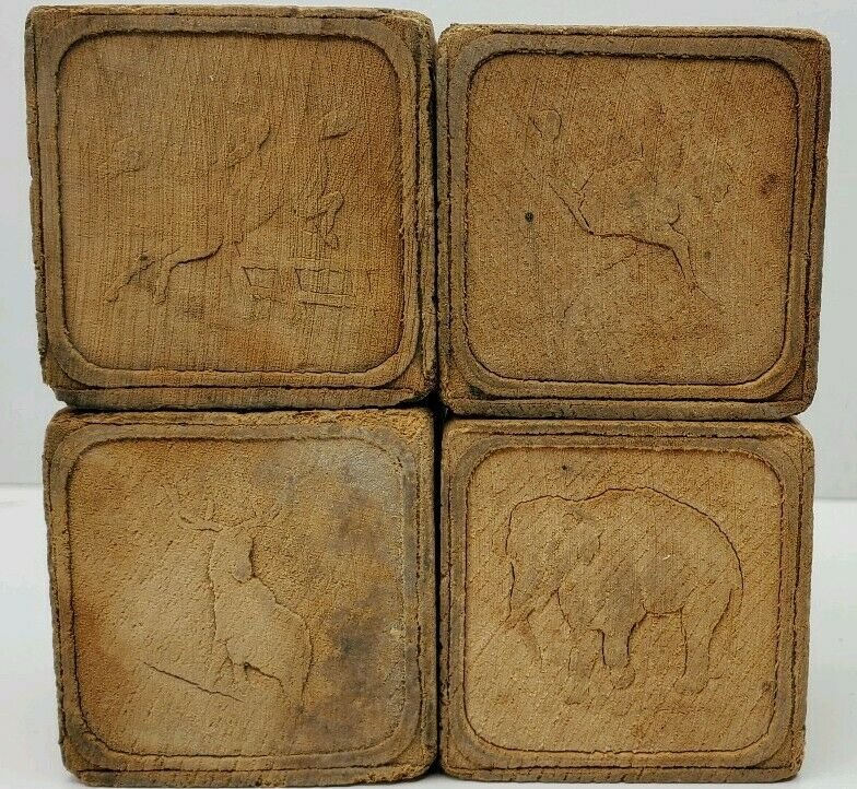 Antique Vtg Wood Blocks Carved Buffalo, Horse, Turkey, Porcupine, Kangaroo, Dog