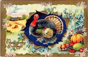 Vintage Holiday THANKSGIVING GREETINGS  Turkey~Fruit~Flowers  ca1910's Postcard