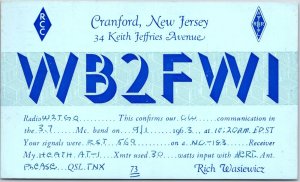 1963 QSL Radio Card Code WB2FWI Cranford New Jersey Amateur Posted Postcard
