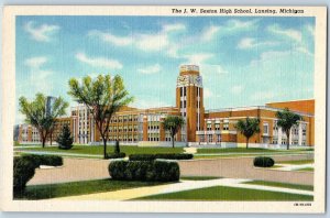 c1940's Lansing Michigan The JW Sexton High School Campus Clock Tower Postcard
