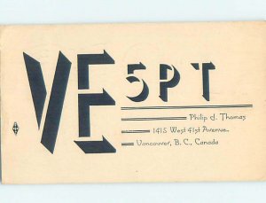 1930s QSL RADIO CARD Vancouver British Columbia BC AH3154