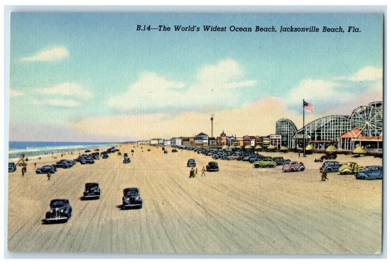 c1940's The World's Widest Ocean Beach Cars Jacksonville Florida FL Postcard