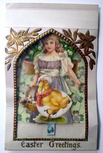 Easter Postcard Foldout 3-D Clear Window Victorian Girl Baby Chick Basket Diecut