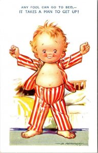 Bamforth Humor ANY FOOL GOES TO BED~Takes A Man To Get Up BOY~D Tempest Postcard