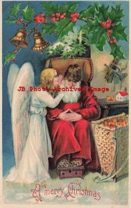 Christmas, BW No 297, Angel Whispering in Red Robe Santa's Ear 