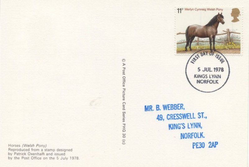 Welsh Pony Horse Kings Lynn Royal Mail FDC Equestrian Postcard