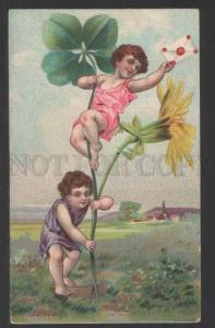 118258 FAIRY Elf Nymph KIDS on Huge Flower Vintage Colorful PC