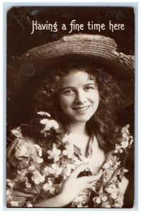 1915 Pretty Girl Curly Hair Big Hat Flowers Cleveland Ohio OH Antique Postcard