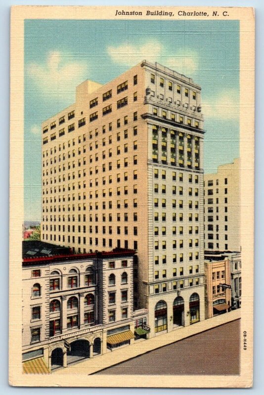 Charlotte North Carolina Postcard Johnston Building Office c1941 Vintage Antique