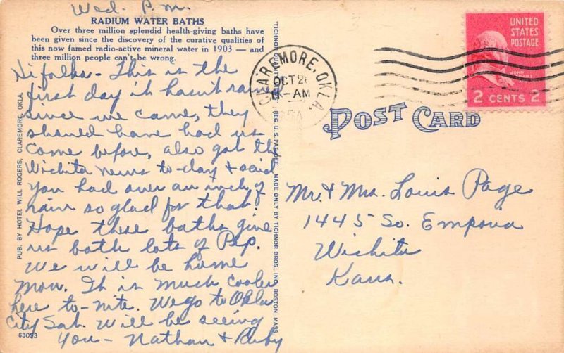 Claremore Oklahoma Will Rogers Hotel, Radium Water Bath Vintage Postcard TT0030
