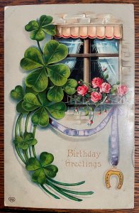 Vintage Victorian Postcard 1912 Birthday Greetings - Shamrocks in Window