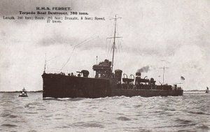 British Royal Navy HMS Ferret Torpedo Boat c.1910 Vintage  Postcard