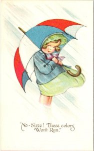 Patriotic  THESE COLORS WON'T RUN!  Little Girl & Umbrella ca1910's WWI Postcard