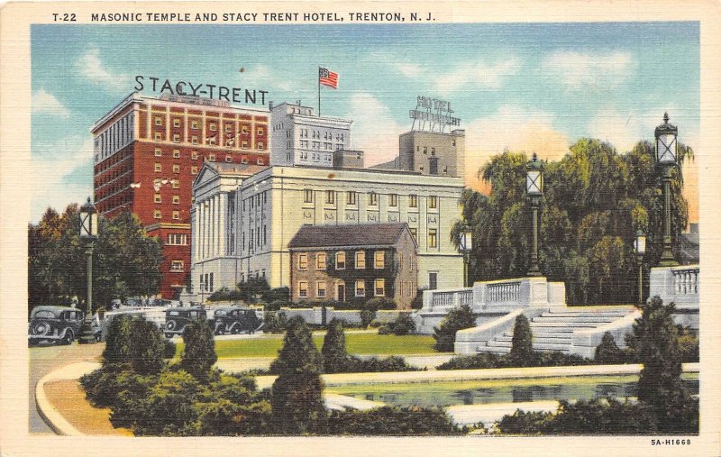 Trenton New Jersey 1940s Postcard Masonic Temple & Stacy Trent Hotel