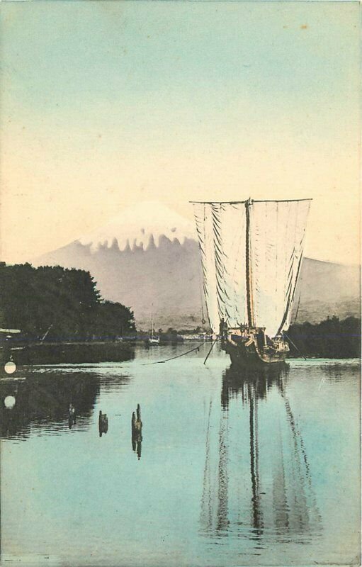 C-1910 Sailboat Mt. Fuji Japan hand colored Postcard 7714