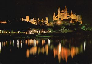 Vintage Postcard Palma De Mallorca Night View Stock Exchange & Cathedral Spain