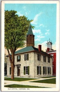 Corydon Indiana IN, 1927 Old Capitol, Limestone Building, Lawn, Vintage Postcard