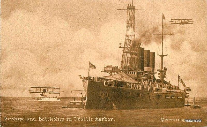 C-1910 Military Navy Airships Battleship Seattle Harbor Washington Mitchell 2503