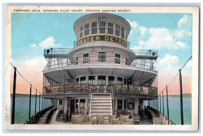 c1920's Forward Deck, Showing Pilot House, Steamer Greater Detroit MI Postcard