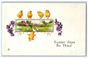 Easter Postcard Baby Chicks And Flowers Sheep Scene Field Embossed c1910's