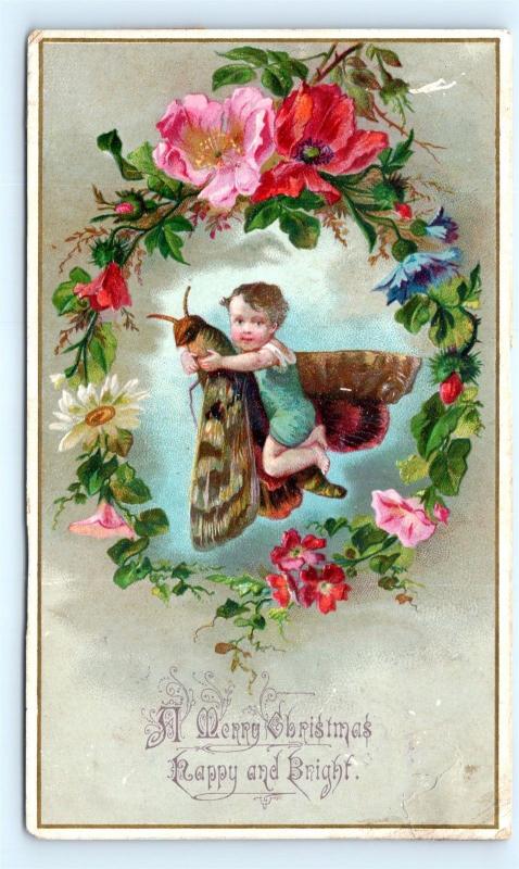 Postcard Christmas Fantasy Child Riding Flying Moth Flower Wreath J12