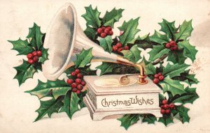 Vintage Postcard 1909 Christmas Wishes Green Leaves Trumpet Greetings Card