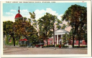 Public Library and Presbyterian Church Stamford CT Vintage Postcard V01