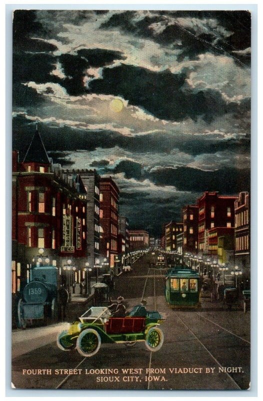 Fourth Street Looking West From Viaduct By Night Trolley Sioux City IA Postcard
