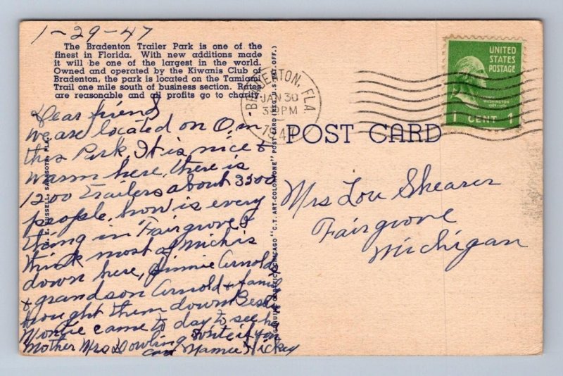 TRAILER PARK BRADENTON FLORIDA GOOD MESSAGE POSTCARD 1947