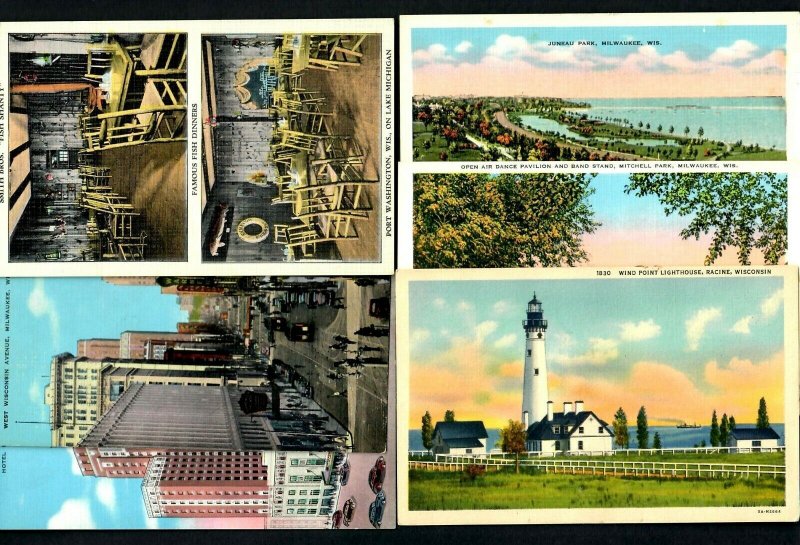 !64  Wis. 6 pcs. Racine Light house, Fish Shanty split view, West Avenue Advts.