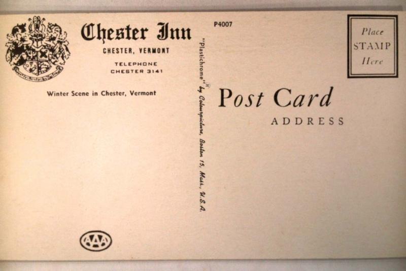 Unused pre-1970 WINTER SCENE AT CHESTER INN - Chester Vermont VT postcard y2801