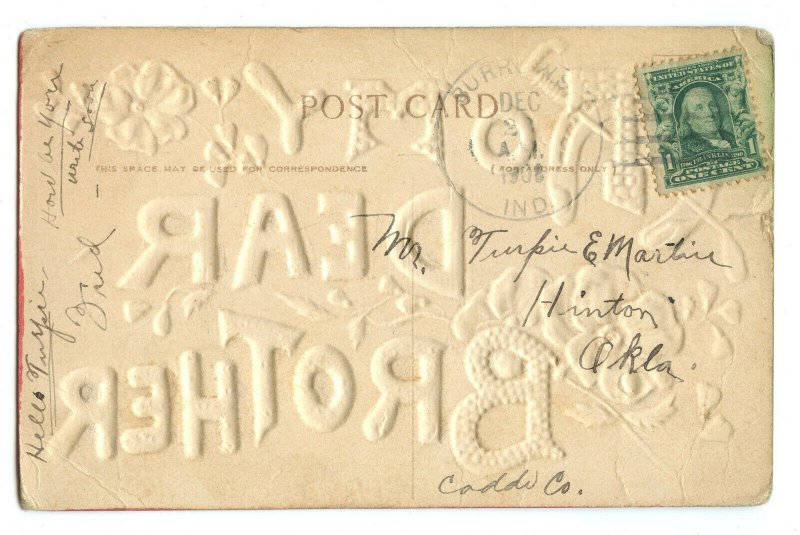 1908 Postcard To My Dear Brother Vintage Standard View Embossed Card 