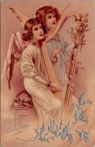 Christmas Beautiful Angels Harp with Cherub Silver Holly  Postcard X19