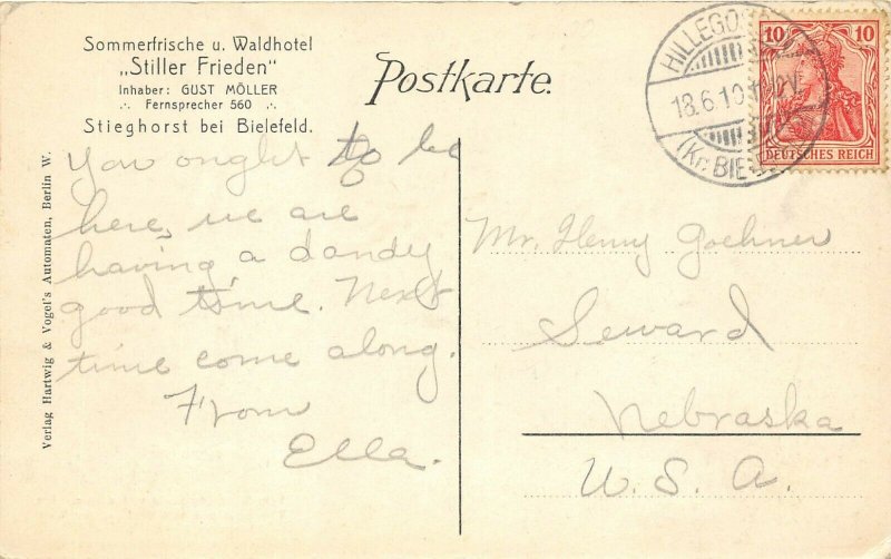 Bielefeld Germany 1910 Postcard Waldhotel Stiller Frieden Posted to USA