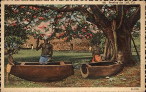 Fiji Indigenous Native Men Beating Lali Linen Vintage Postcard