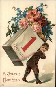 EAS New Year Fantasy Little Boy Carries Giant Calendar c1910 Vintage Postcard