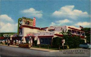 Postcard CA San Ysidro El Toreador Motel by Mexican Border - Old Car 1940s A19