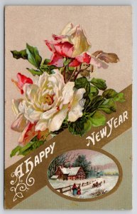 New Years Greetings Pretty Roses Winter Scene 1912 Evansville IN Postcard L22