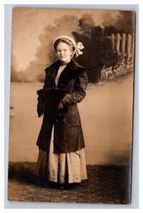 Vintage 1910's RPPC Postcard - Studio Portrait Cute Victorian Girl Black Coat