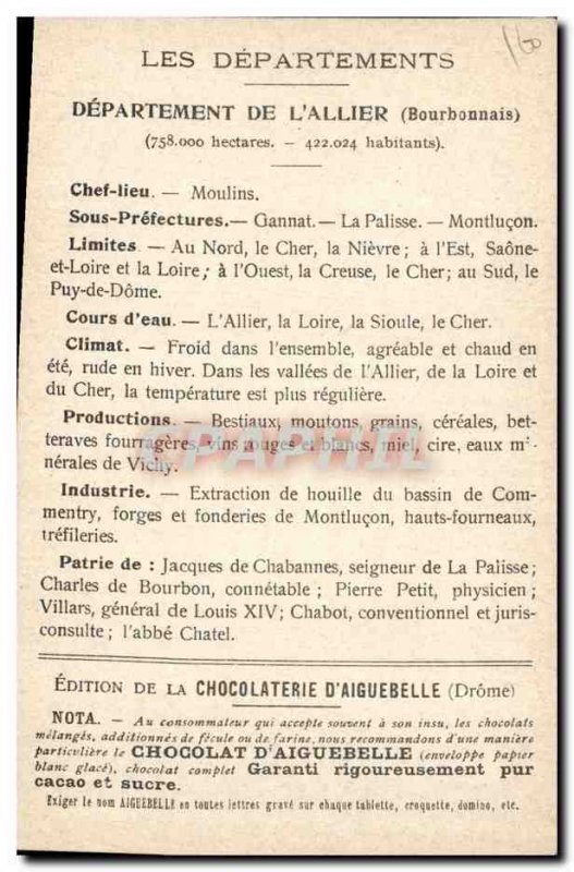 Old Postcard geographical maps of Allier Chocolaterie & # 39Aiguebelle