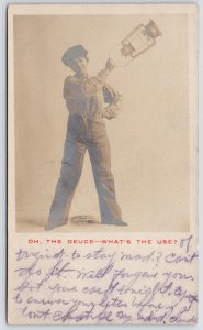 Jesup IOWA~Boy Plays Railroad Worker, Swings Real Switchman's Lantern~RPPC 1907