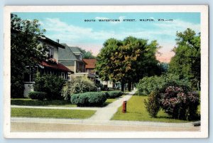 Waupun Wisconsin WI Postcard South Watertown Street Trees Building Sidewalk 1920