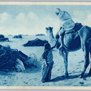 c1930s Libya Caravan Camp PC Young Girl Man on Camel Tent Desert Cyanotype A191