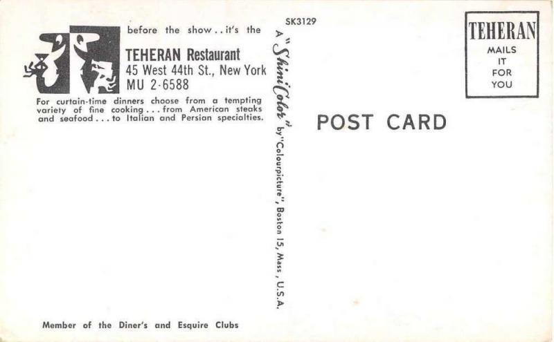 New York City Teheran Restaurant Advertising Vintage Postcard J54901